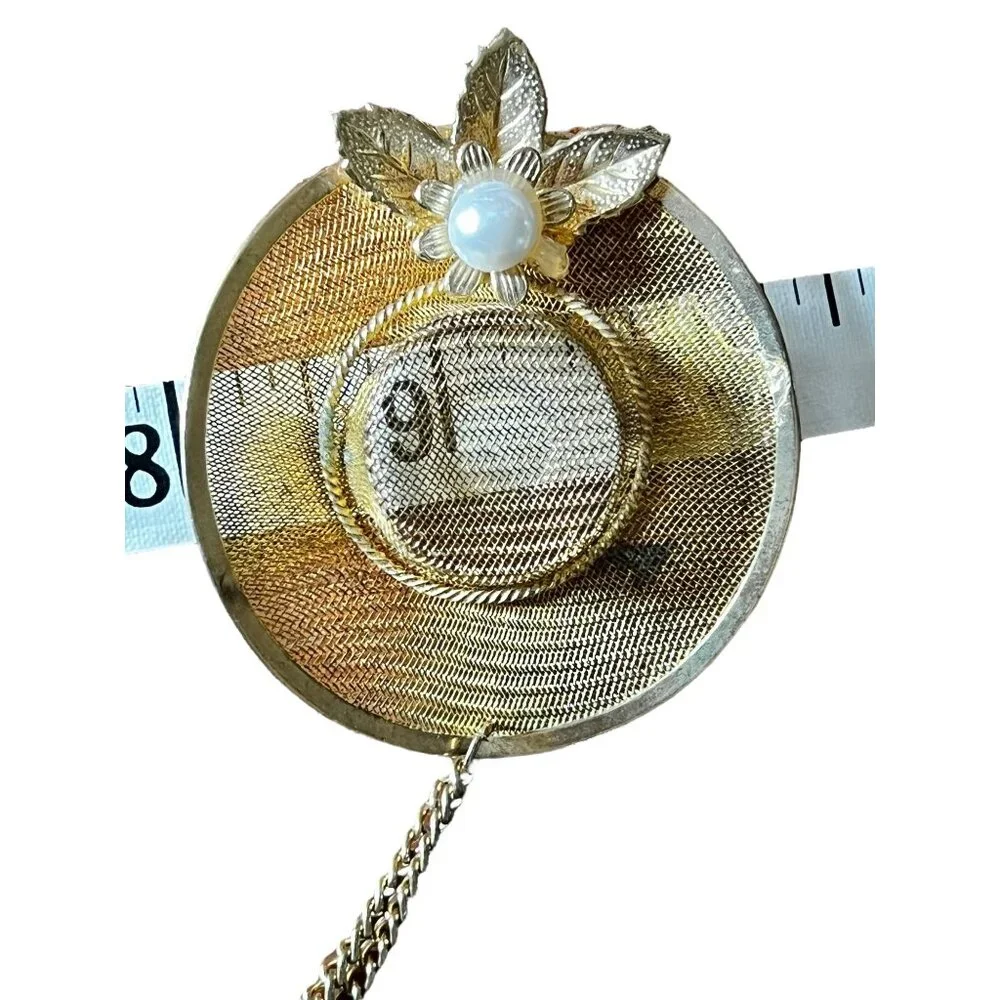 Vintage Gold Mesh Hat Brooch Sweater Guard With Faux Pearl & Leaf Accent Linked